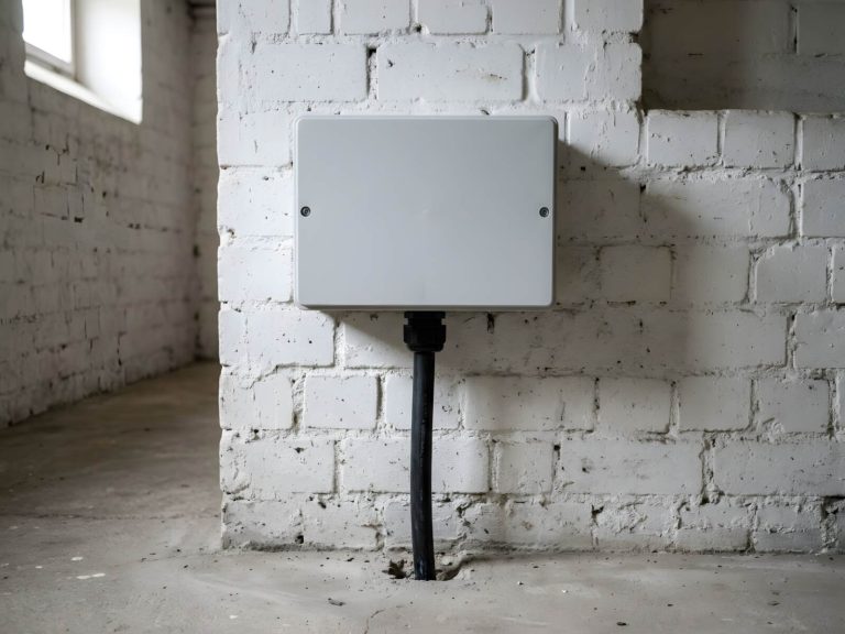 Grauer Hausanschlusskasten an einer geweißten Kellerwand, in den von unten ein dickes schwarzes Kabel führt