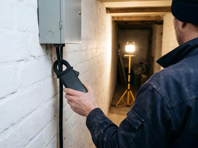 Elektriker prüft im Kellerflur mit einer Messzange den grauen Hausanschlusskasten