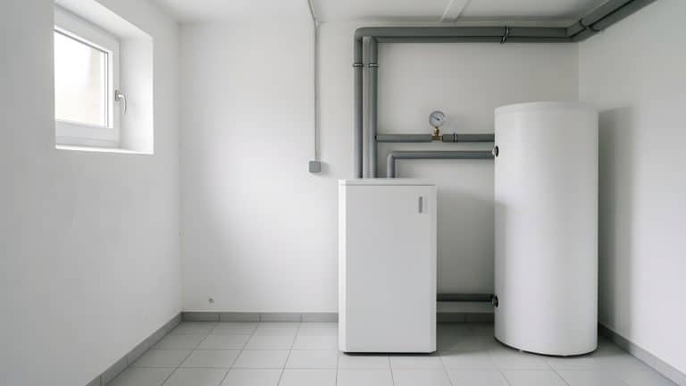 Aufgeräumter Hauswirtschaftsraum im Bestandsgebäude mit gedämmten Heizungsrohren, weißem Pufferspeicher und Inneneinheit einer Wärmepumpe.