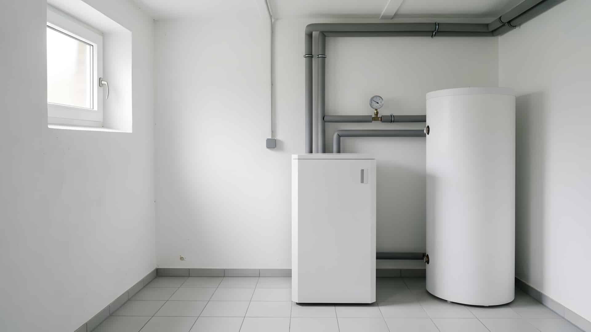 Aufgeräumter Hauswirtschaftsraum im Bestandsgebäude mit gedämmten Heizungsrohren, weißem Pufferspeicher und Inneneinheit einer Wärmepumpe.
