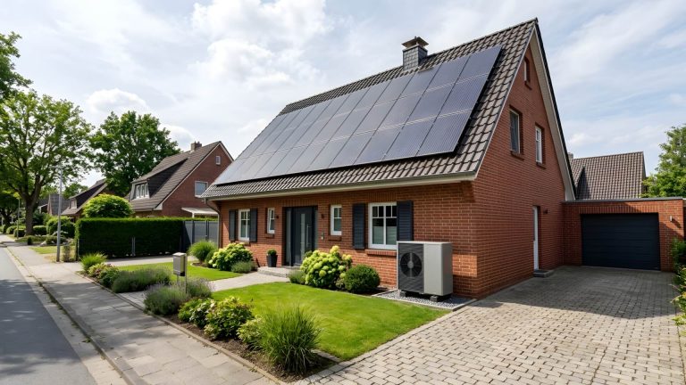 Norddeutsches Einfamilienhaus nach dem Heizungsgesetz 2026 mit dunklen Photovoltaikmodulen auf dem Satteldach und einer hellgrauen Luft-Wasser-Wärmepumpe an der Klinkerfassade im Garten.