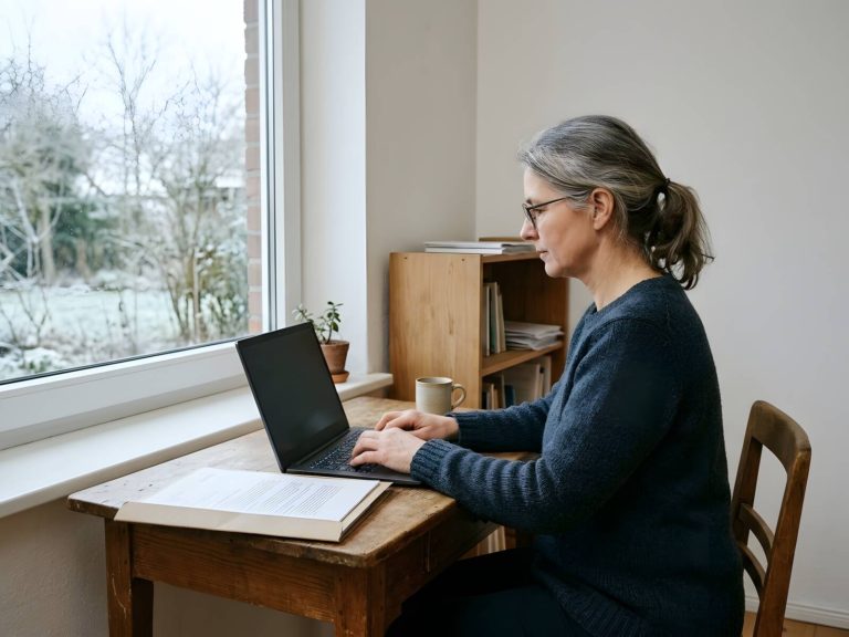 Frau arbeitet an einem Schreibtisch am Fenster am Laptop, daneben liegen Unterlagen, draußen ein winterlicher Garten
