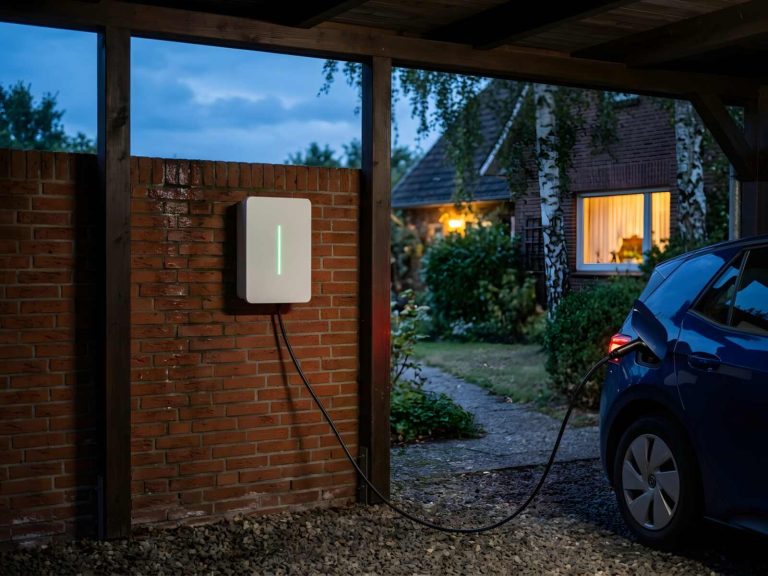 Ladekabel hängt von einer Wallbox mit grün leuchtender Statusleiste zu einem Auto im Carport, draußen Dämmerung