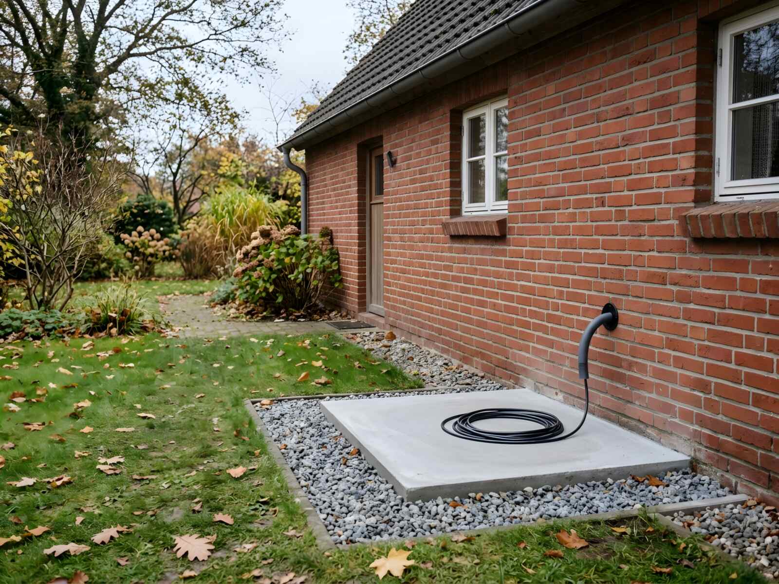 Leerer Betonsockel vor einer Backsteinwand, aus einer neuen Wanddurchführung ragt ein Leerrohr mit aufgerolltem Kabel