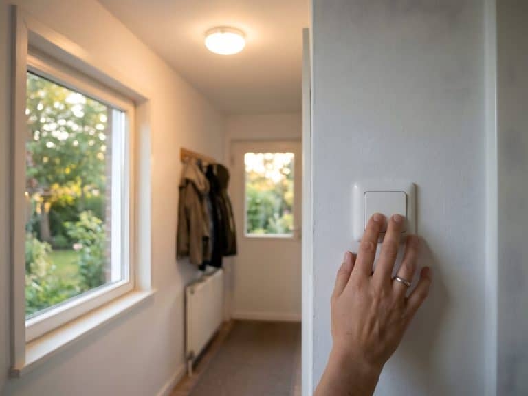 Hand drückt einen weißen Lichtschalter im Hausflur, darüber leuchtet eine Deckenlampe warm