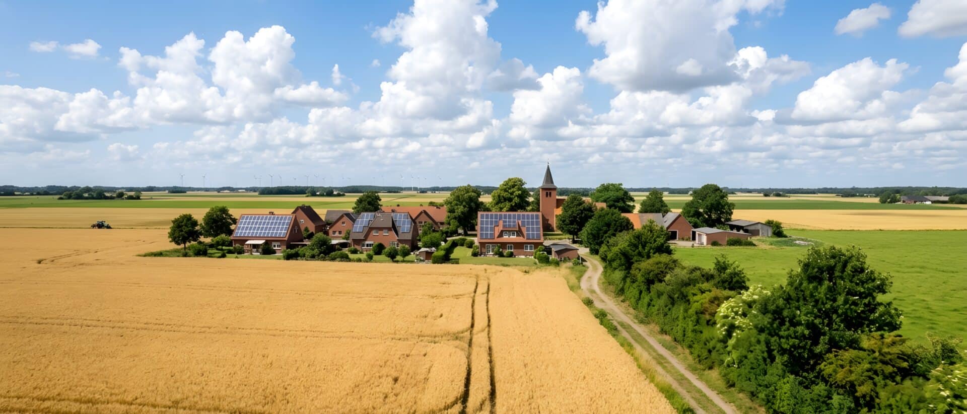 Flache Felder an einem Sommertag, am Dorfrand Backsteinhäuser mit Solarmodulen auf den Dächern unter hohen Wolken