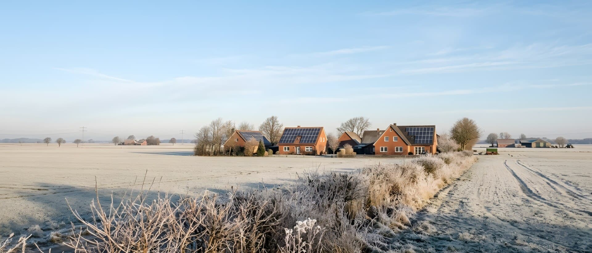 Flache, bereifte Felder an einem Wintermorgen, am Dorfrand Backsteinhäuser mit Solarmodulen auf den Dächern