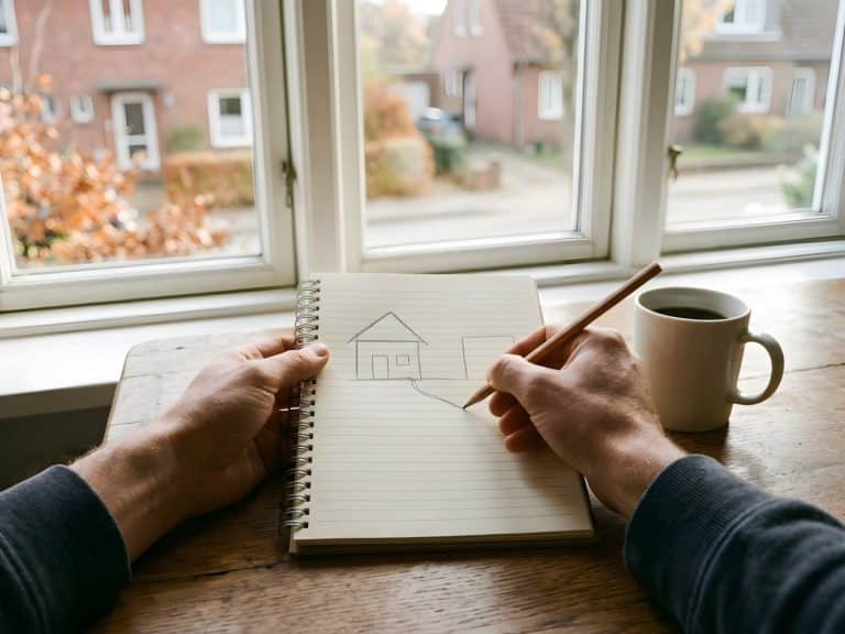 Hände skizzieren auf einem Notizblock einen Stellplatz neben einem Haus, daneben steht eine Kaffeetasse am Fenster