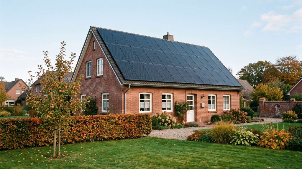 Einfamilienhaus aus rotem Backstein in Norddeutschland mit Photovoltaikanlage auf dem Dach an einem klaren Herbstmorgen.