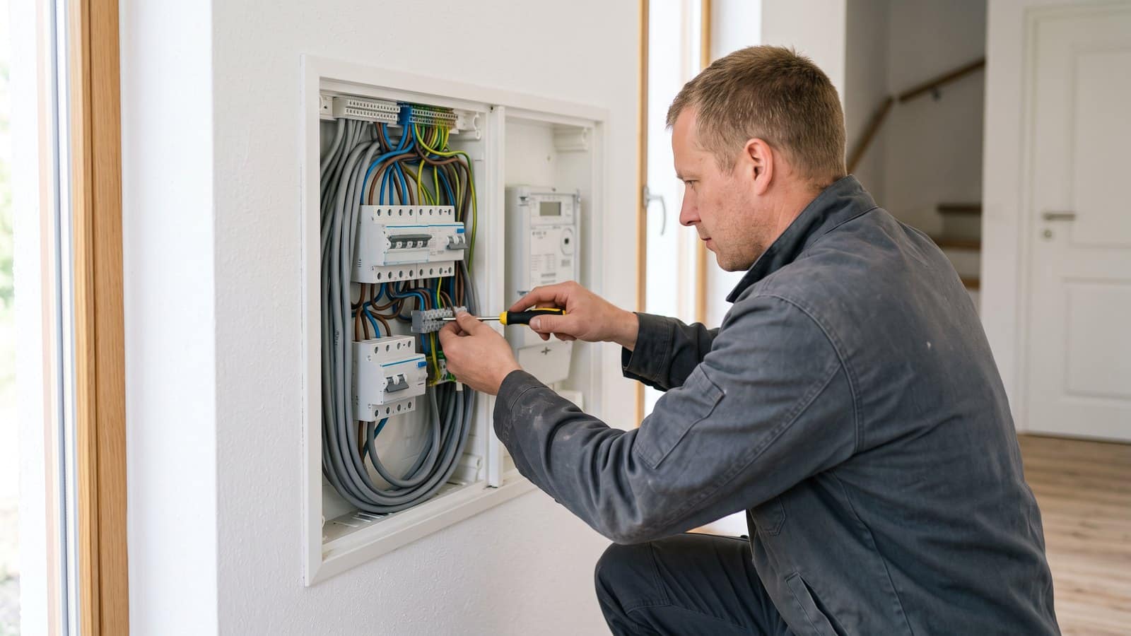 Elektrofachkraft prüft die Verdrahtung im geöffneten Zählerschrank eines Einfamilienhauses.