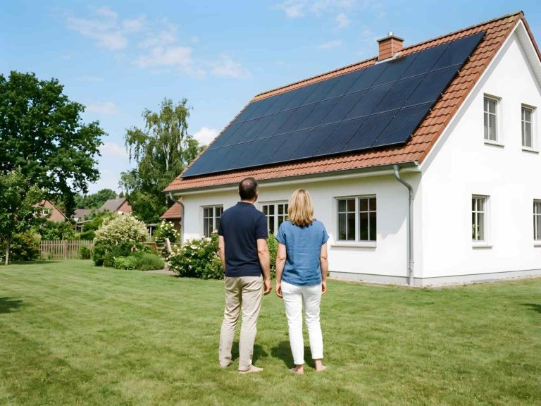 Paar steht im Garten vor einem weißen Einfamilienhaus und blickt auf die Solarmodule auf dem Dach