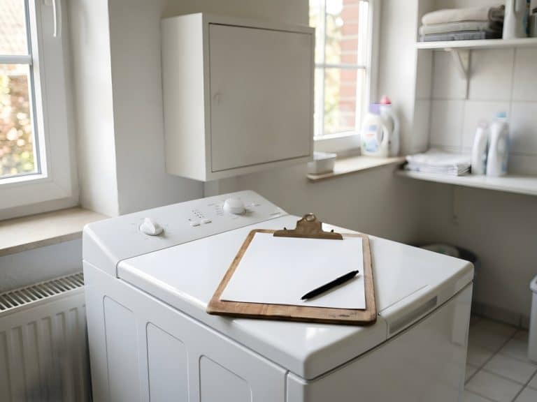 Klemmbrett mit leerem Blatt und Stift auf einer Waschmaschine im Hauswirtschaftsraum, dahinter ein geschlossener weißer Schrank an der Wand