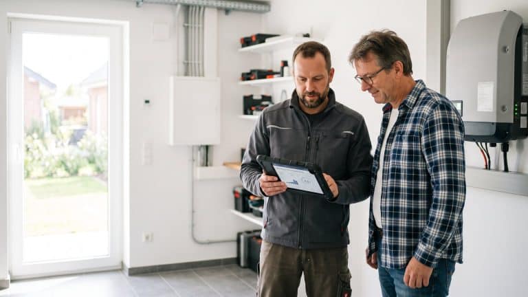 Elektriker und Hausbesitzer besprechen am Tablet die Anmeldung der PV-Anlage.