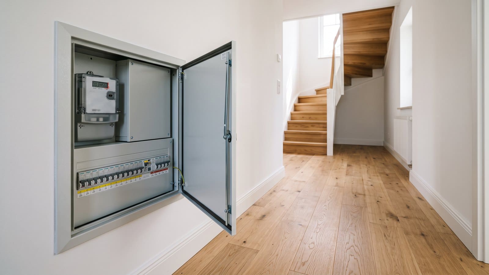 Neu eingebauter Zweirichtungszähler im geöffneten Zählerschrank eines Einfamilienhauses.