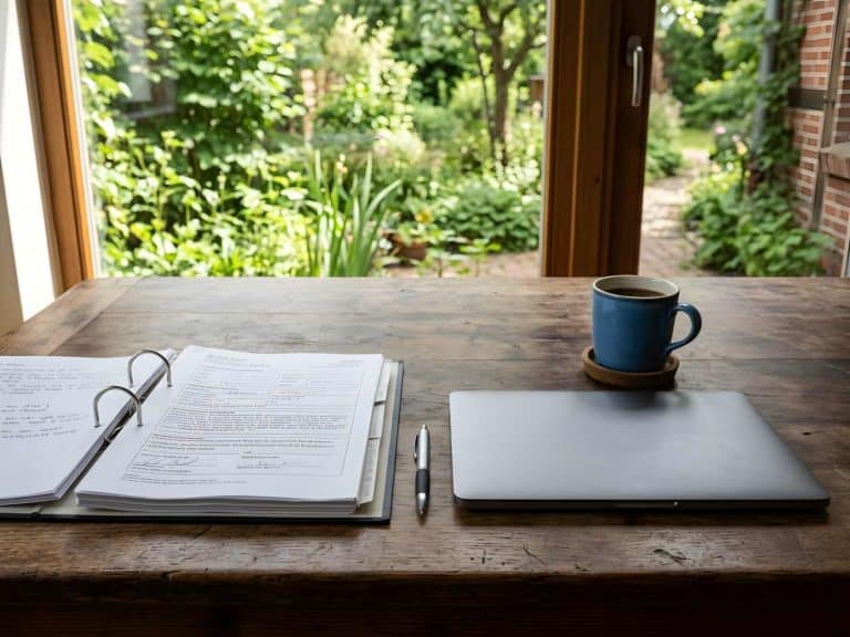Aufgeschlagener Ordner mit Unterlagen, Stift, zugeklappter Laptop und Tasse auf einem Holztisch vor einem Fenster zum Sommergarten