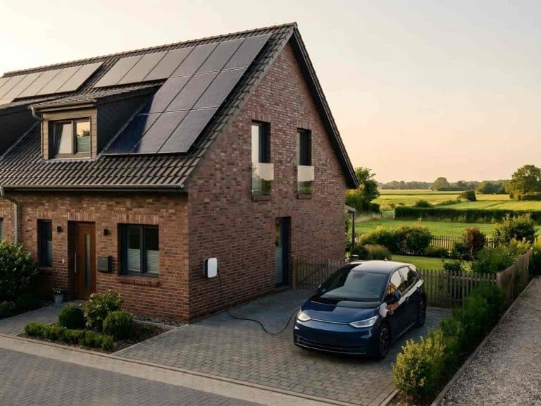 Backstein-Reihenhaus mit Solarmodulen auf dem Dach, davor lädt ein Elektroauto an einer Wallbox an der Hauswand