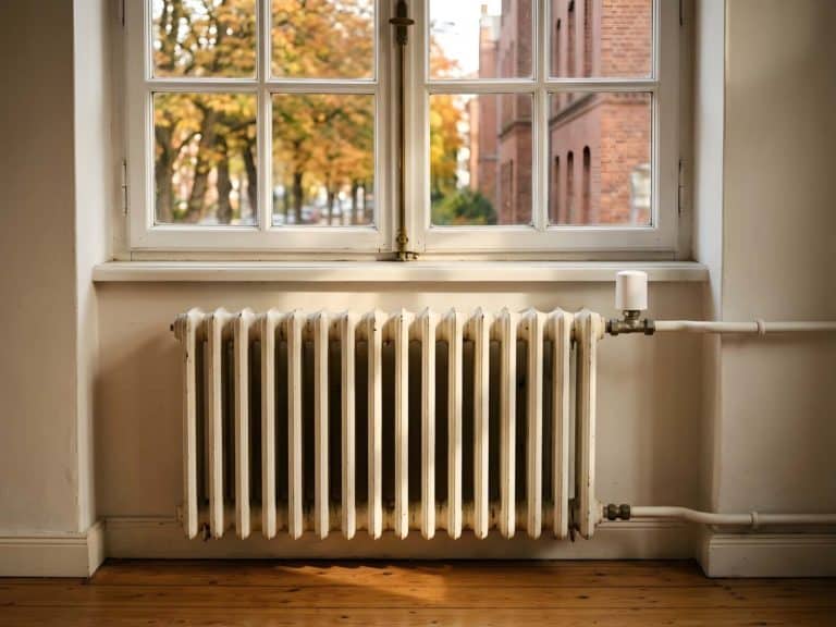 Gusseiserner Rippenheizkörper unter einem Sprossenfenster in einem älteren Haus, draußen Herbstlaub