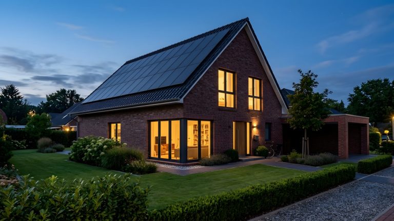 Klinker-Einfamilienhaus mit Solarmodulen auf dem Dach und warm erleuchteten Fenstern zur blauen Stunde