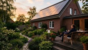 Norddeutsches Einfamilienhaus aus rotem Backstein mit Photovoltaikanlage auf dem Dach in der Abendsonne, während eine Person auf der Terrasse auf ihrem Smartphone die Planung für den SigenStor Neo prüft.