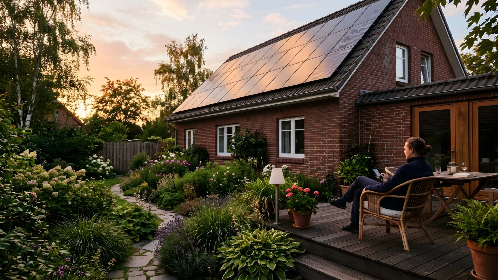 Norddeutsches Einfamilienhaus aus rotem Backstein mit Photovoltaikanlage auf dem Dach in der Abendsonne, während eine Person auf der Terrasse auf ihrem Smartphone die Planung für den SigenStor Neo prüft.