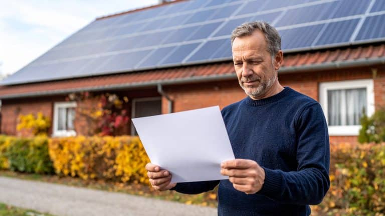 Hausbesitzer liest vor seinem Backsteinhaus mit Photovoltaikanlage einen Brief.