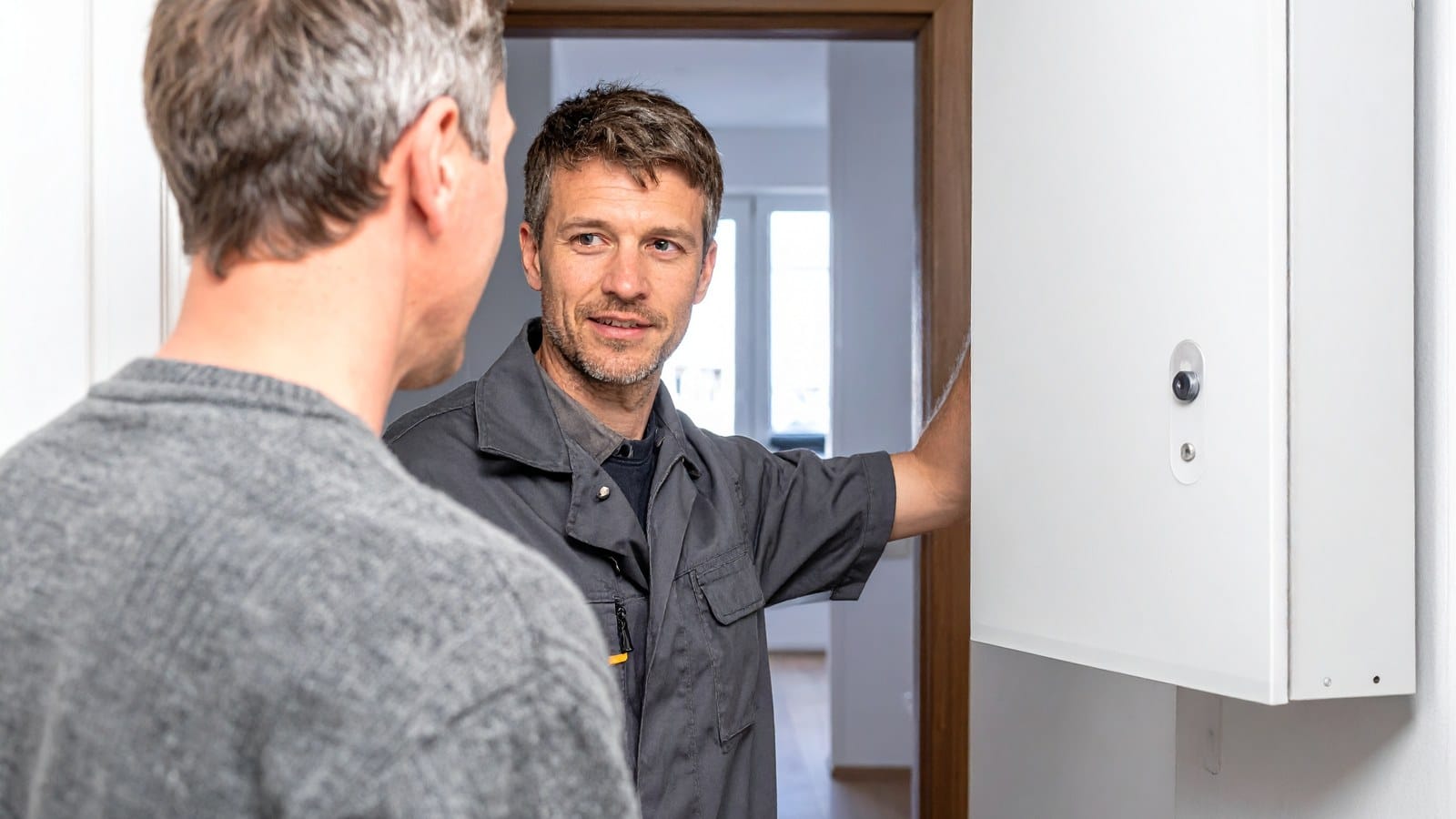 Elektrofachkraft bespricht mit einem Hausbesitzer im hellen Flur den Platz im geschlossenen Zählerschrank.