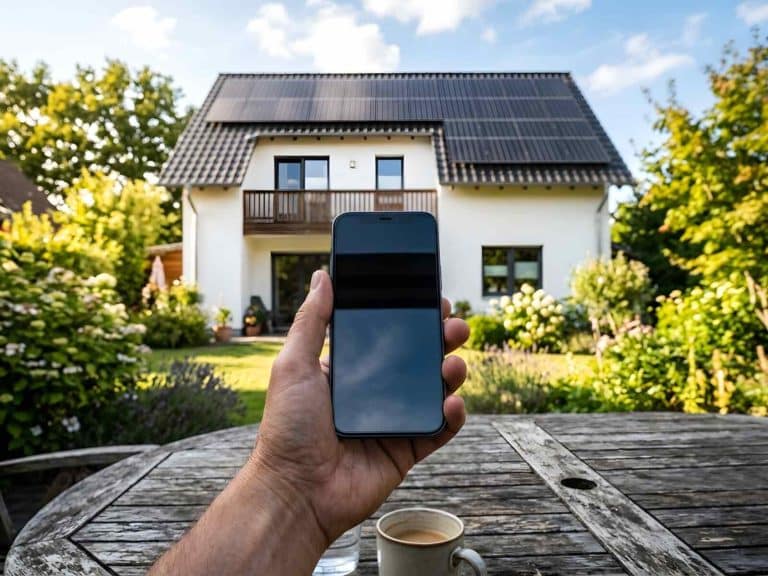 Hand hält ein Smartphone mit dunklem Bildschirm über einem Terrassentisch, im Hintergrund ein Haus mit Solarmodulen auf dem Dach