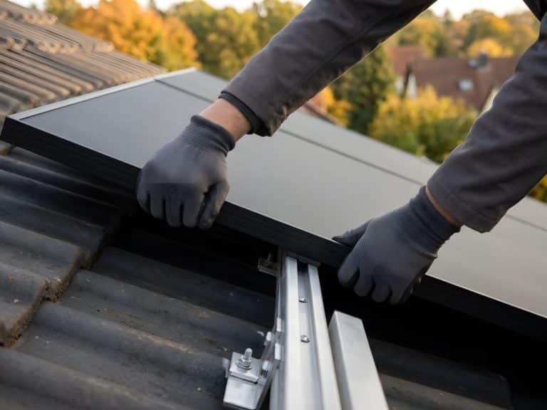 Hände in Arbeitshandschuhen setzen ein schwarzes Solarmodul auf eine Montageschiene über anthrazitfarbenen Dachpfannen