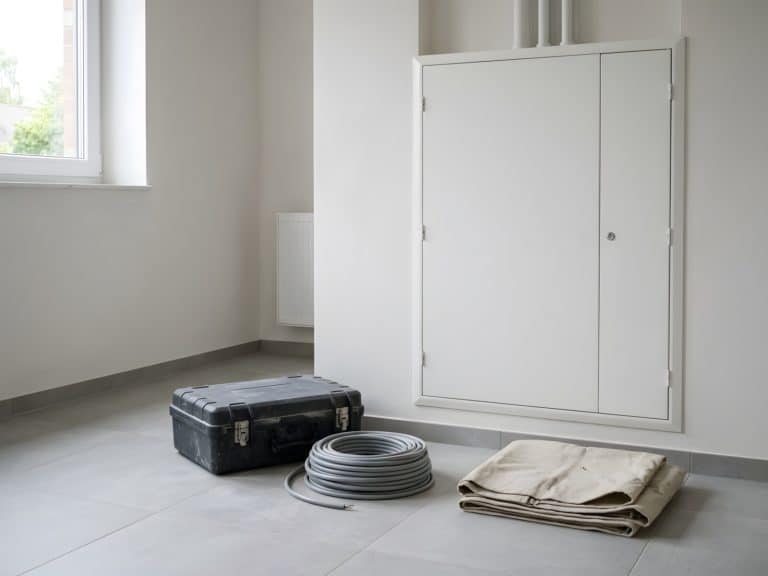 Geschlossener Werkzeugkoffer, Kabelring und Abdeckvlies auf dem Fliesenboden eines Hauswirtschaftsraums vor einem geschlossenen weißen Zählerschrank