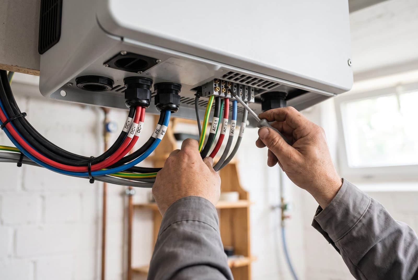 Elektrofachkraft prüft am Anschlussbereich des vorhandenen Wechselrichters, ob er einen Batteriespeicher aufnehmen kann.