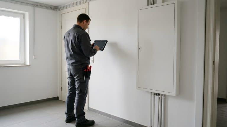 Elektriker mit Tablet steht im Hauswirtschaftsraum neben einem geschlossenen weißen Zählerschrank