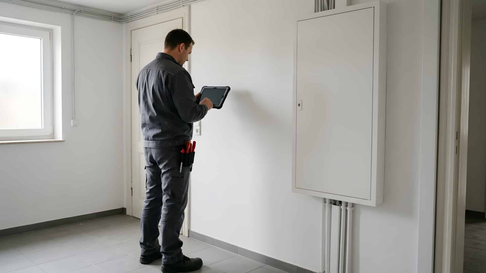 Elektriker mit Tablet steht im Hauswirtschaftsraum neben einem geschlossenen weißen Zählerschrank
