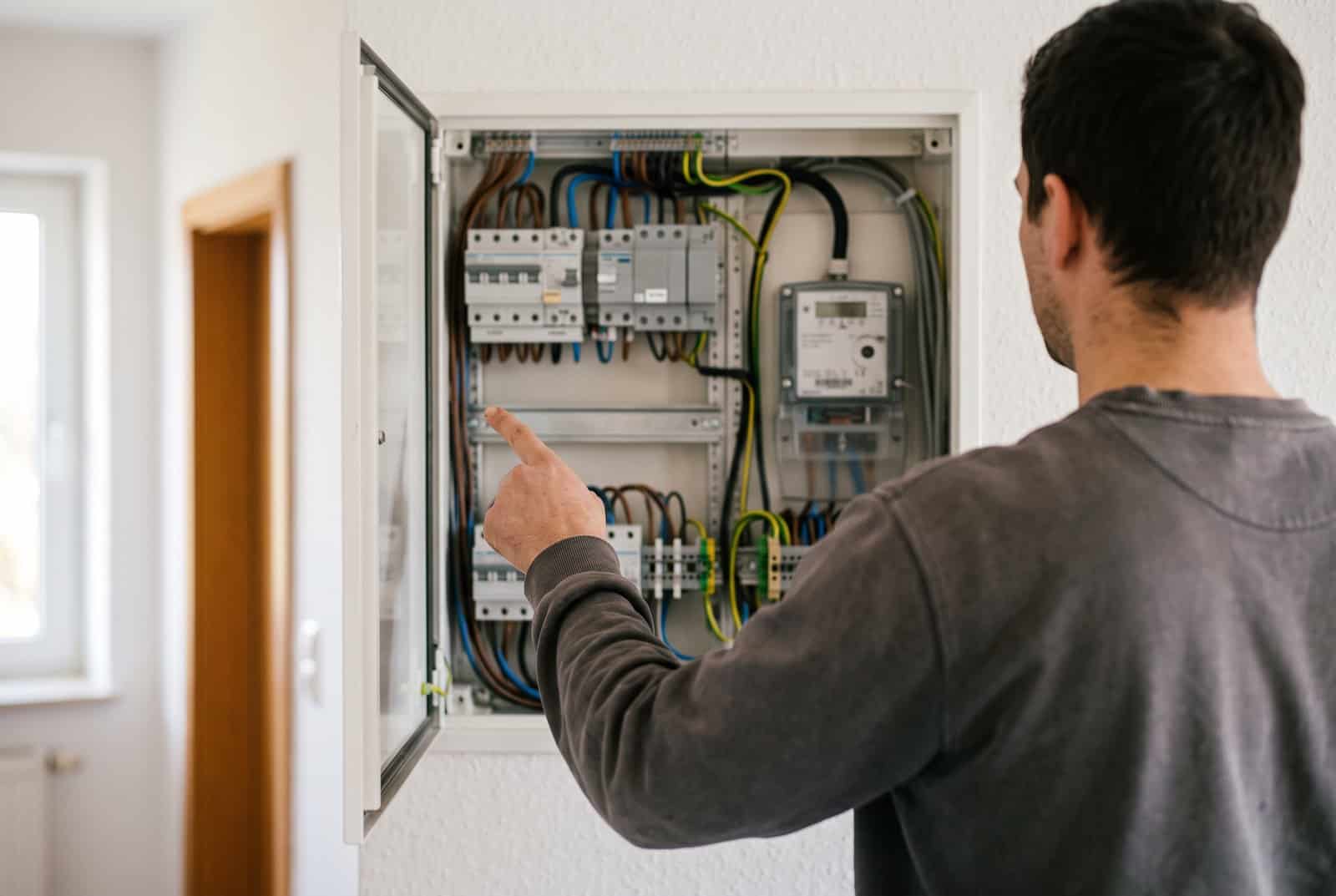 Elektrofachkraft prüft vor dem Speichereinbau, ob der geöffnete Zählerschrank eines Einfamilienhauses genug freien Platz bietet.