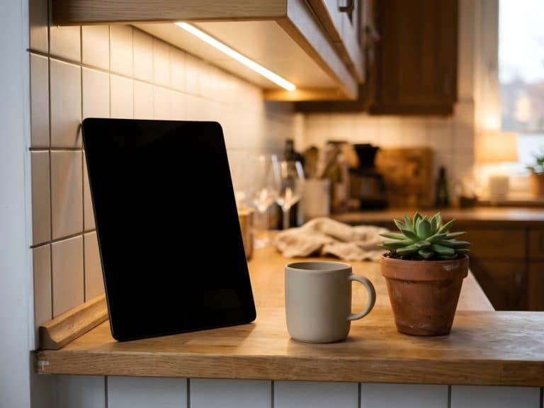 Tablet mit dunklem Bildschirm auf einem Küchenregal im Abendlicht, daneben eine Tasse und eine Pflanze