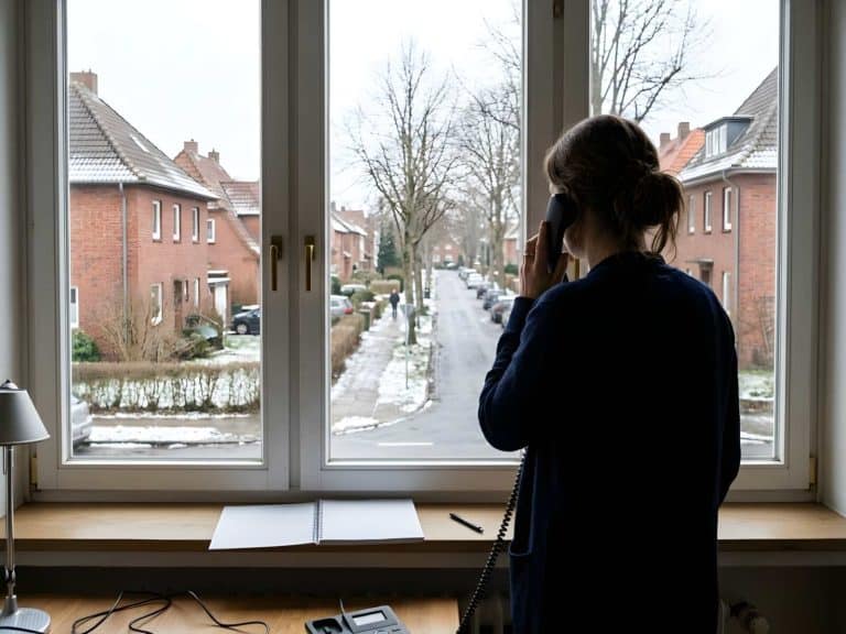 Person telefoniert am Fenster eines Arbeitszimmers, draußen eine winterliche Wohnstraße mit Klinkerhäusern