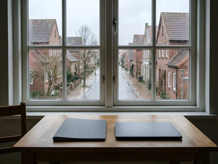 Unterlagenmappe und zugeklappter Laptop auf einem Schreibtisch vor einem Sprossenfenster, draußen Backsteinfassaden im Regen