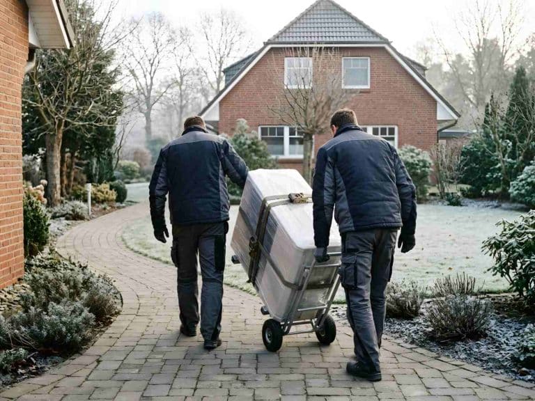 Zwei Monteure bringen ein verpacktes Außengerät auf einer Sackkarre über einen Gartenweg, von hinten gesehen