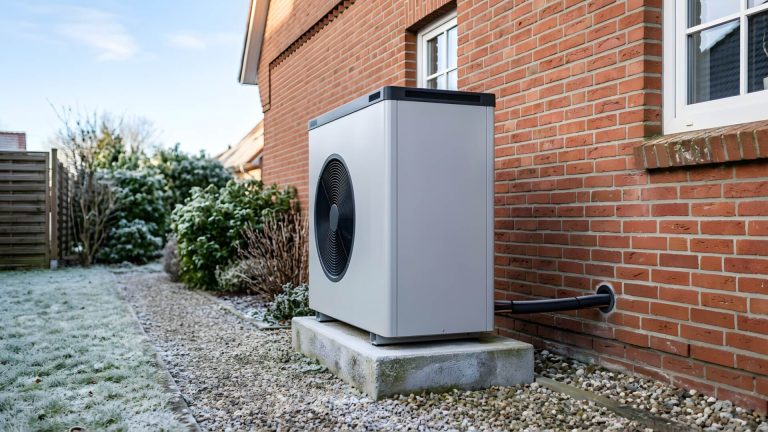 Luft-Wasser-Wärmepumpe auf einem Betonsockel an einer Klinkerwand im frostigen Garten