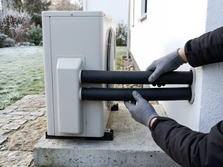 Hände prüfen die Leitungsdämmung an einem neu aufgestellten Wärmepumpen-Außengerät neben der Terrasse einer weißen Villa
