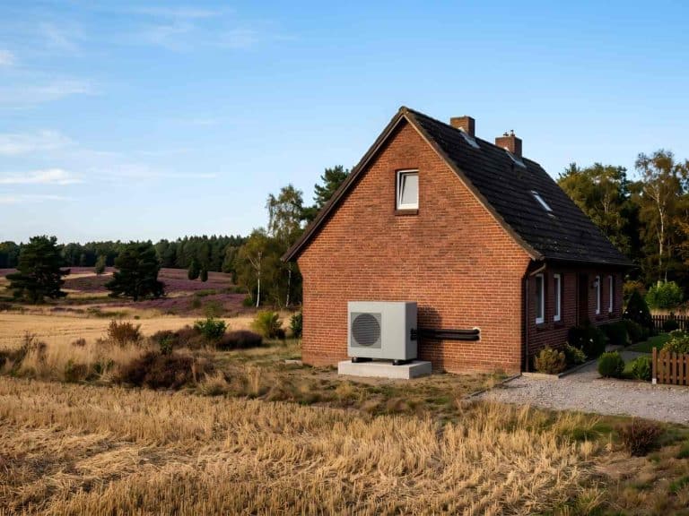 Wärmepumpen-Außengerät an einem Backstein-Einfamilienhaus am Feldrand im Herbst