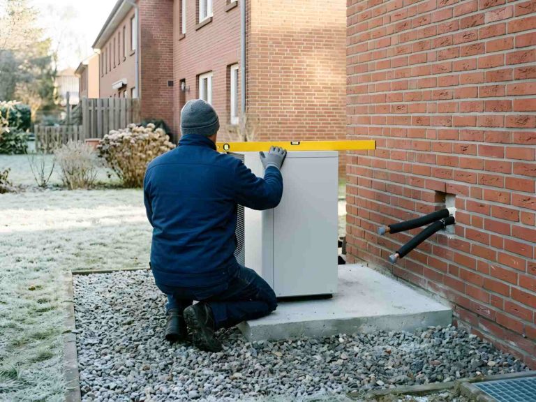 Monteur richtet ein Wärmepumpen-Außengerät auf einem neuen Sockel hinter einem Backstein-Reihenhaus aus