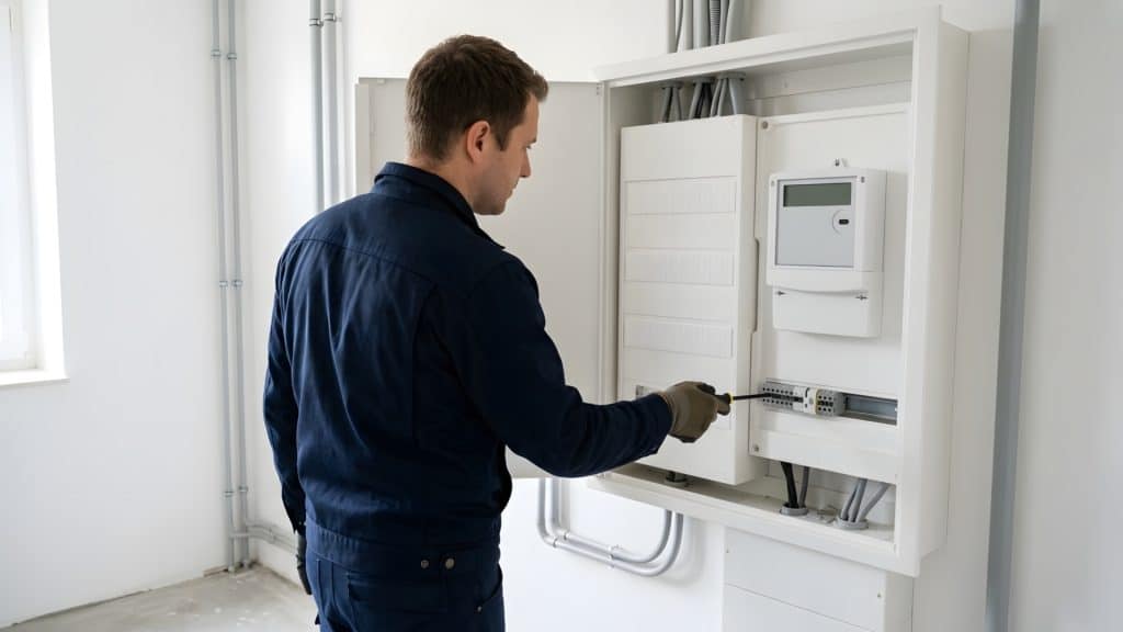 Elektriker prüft die Verdrahtung in einem modernen Zählerschrank mit digitalem Stromzähler und Leitungsschutzschaltern