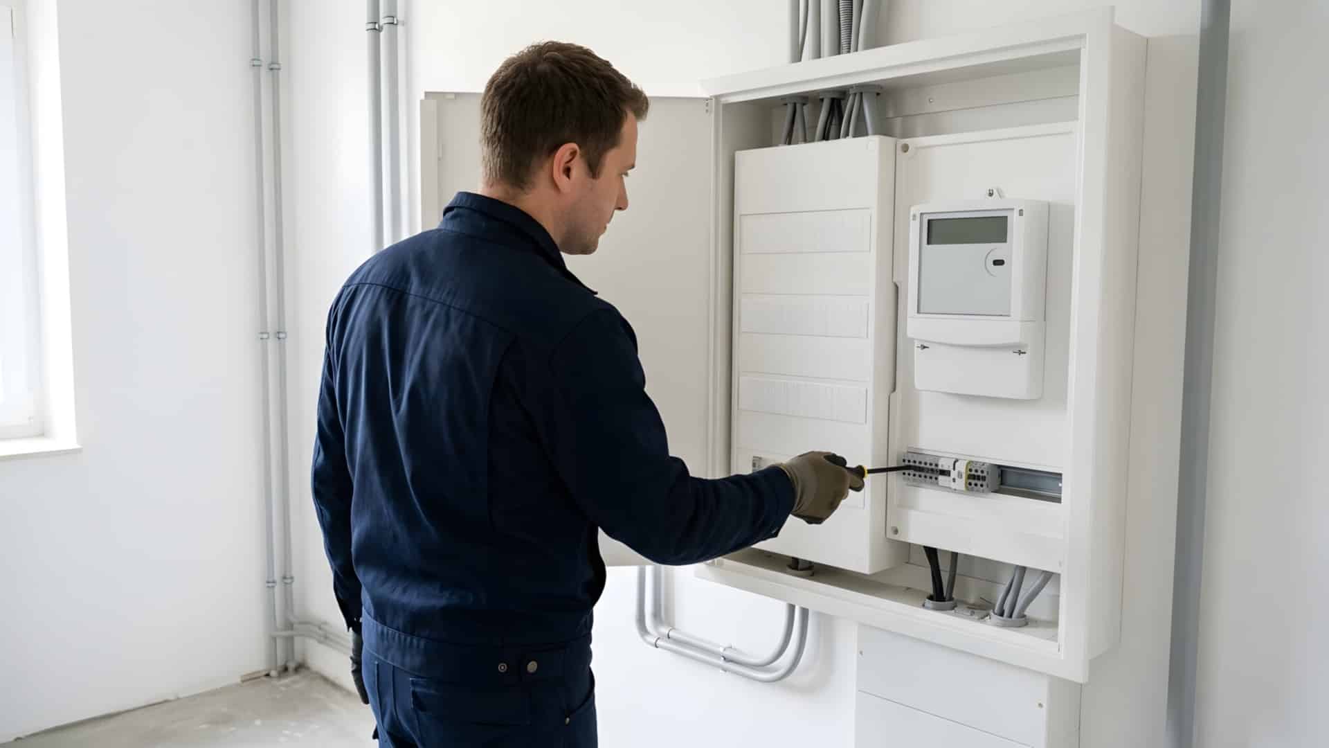 Elektriker prüft die Verdrahtung in einem modernen Zählerschrank mit digitalem Stromzähler und Leitungsschutzschaltern