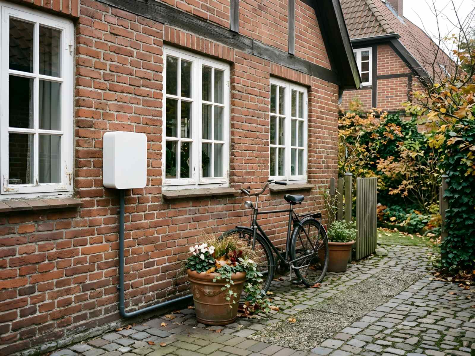 Kleine weiße Wallbox an der Hofwand eines alten Backstein-Giebelhauses, die Leitung läuft im grauen Kabelkanal