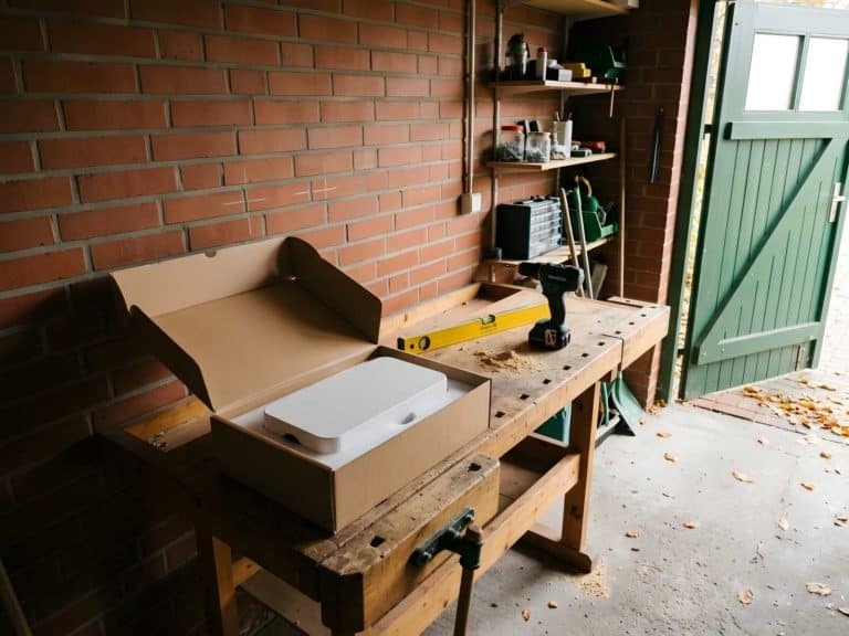 Wallbox im geöffneten Karton auf einer Werkbank, an der Klinkerwand der Garage sind Bohrlöcher mit Bleistift markiert
