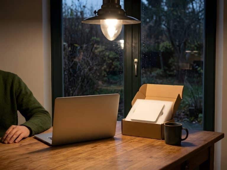 Person am Laptop auf dem Küchentisch, daneben eine verpackte Wallbox in einem neutralen Karton
