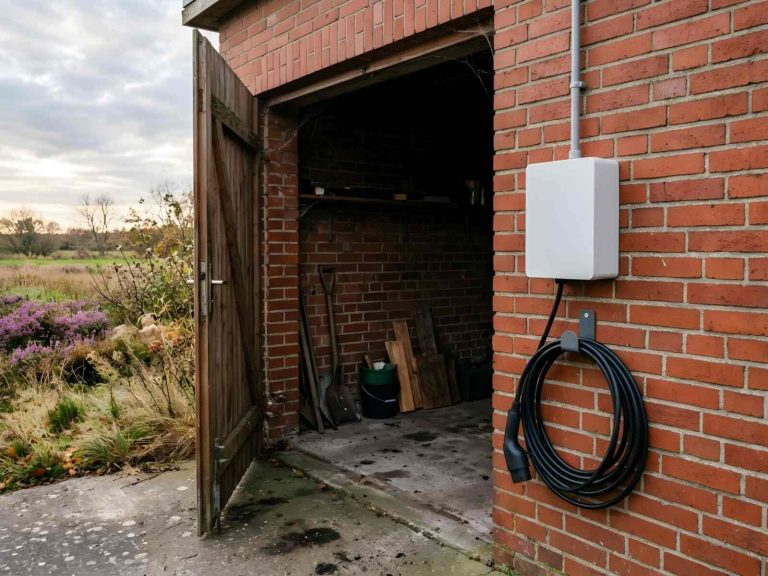 Weiße Wallbox an der Wand einer Klinkergarage mit aufgerolltem Ladekabel und Zuleitung im Kabelkanal