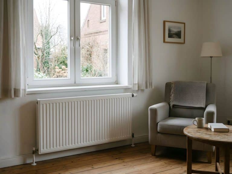 Wohnzimmer in einem älteren Haus mit weißem Flachheizkörper unter dem Fenster, Sessel und Holzdielen im Winterlicht