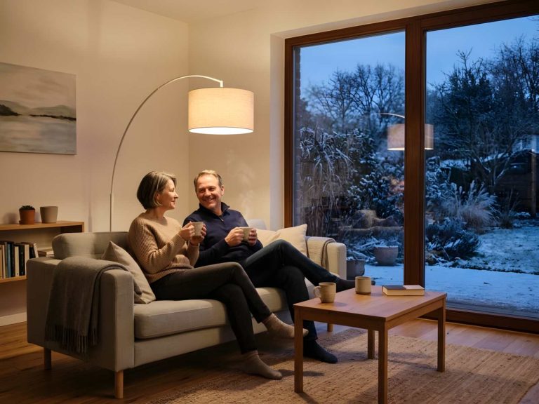 Paar sitzt an einem Winterabend mit Teetassen auf dem Sofa in einem warm beleuchteten Wohnzimmer, draußen ein bereifter Garten