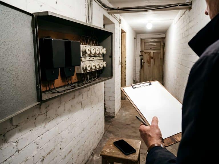 Geöffneter Zählerschrank im Kellerflur, davor eine Hand mit Klemmbrett und ein Smartphone mit dunklem Bildschirm